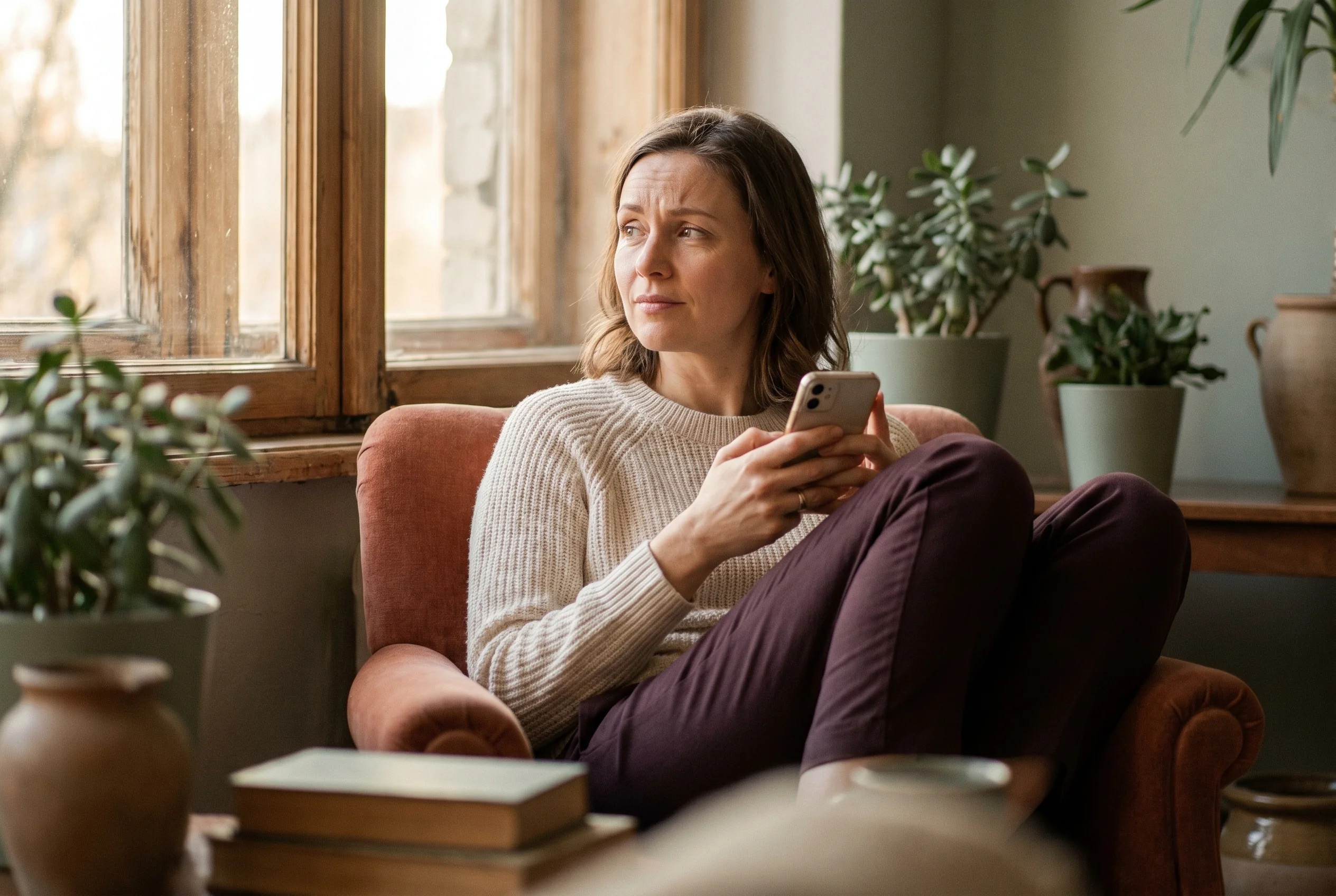 Femme hypersensible amoureuse perdue dans ses pensées en regardant son téléphone
