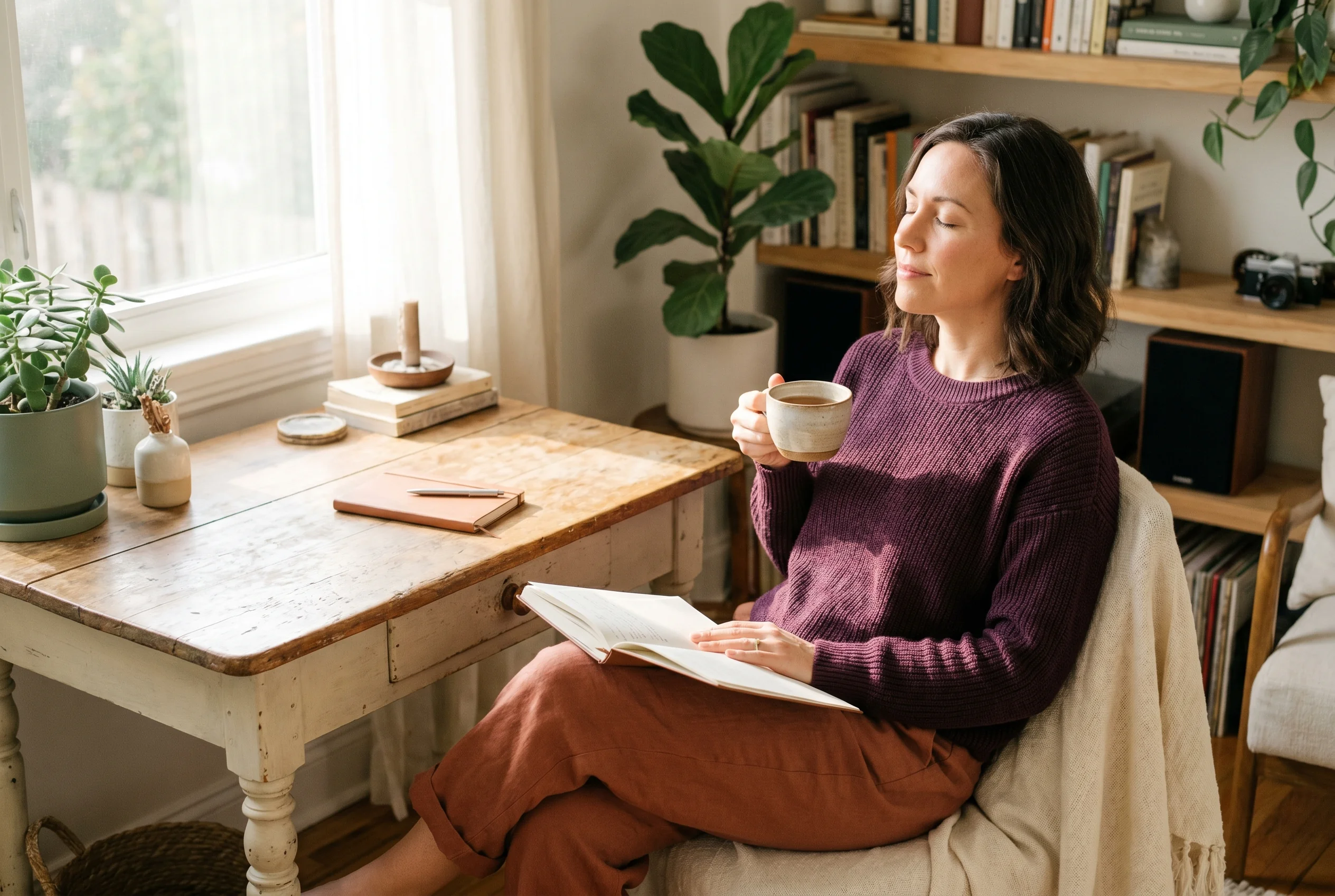 Femme hypersensible apaisée qui se reconnecte à elle-même
