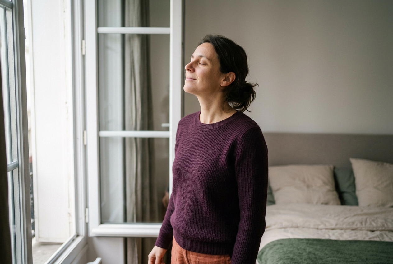 Femme hypersensible debout près d'une fenêtre, lumière douce du matin, apaisée, les yeux fermés