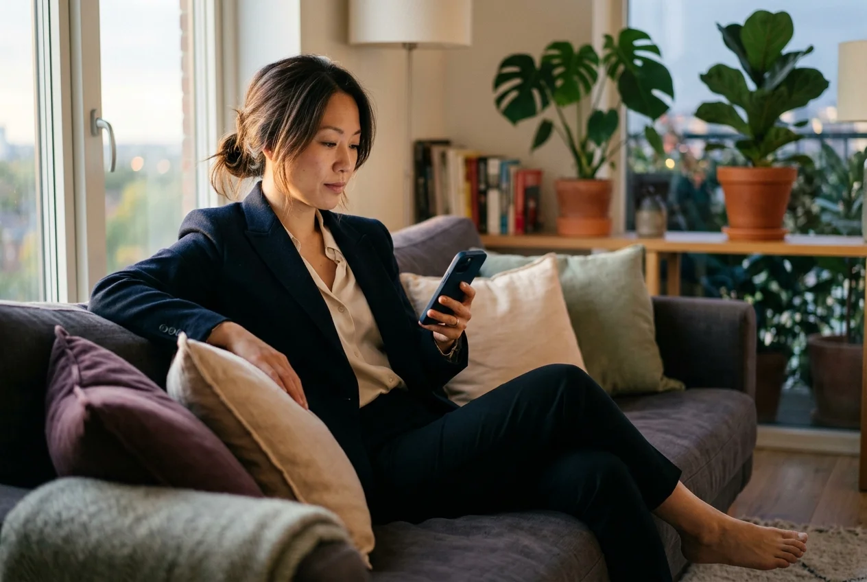 Hypersensible et célibat : femme d'affaires seule chez elle le soir, sur son téléphone, cherchant du réconfort