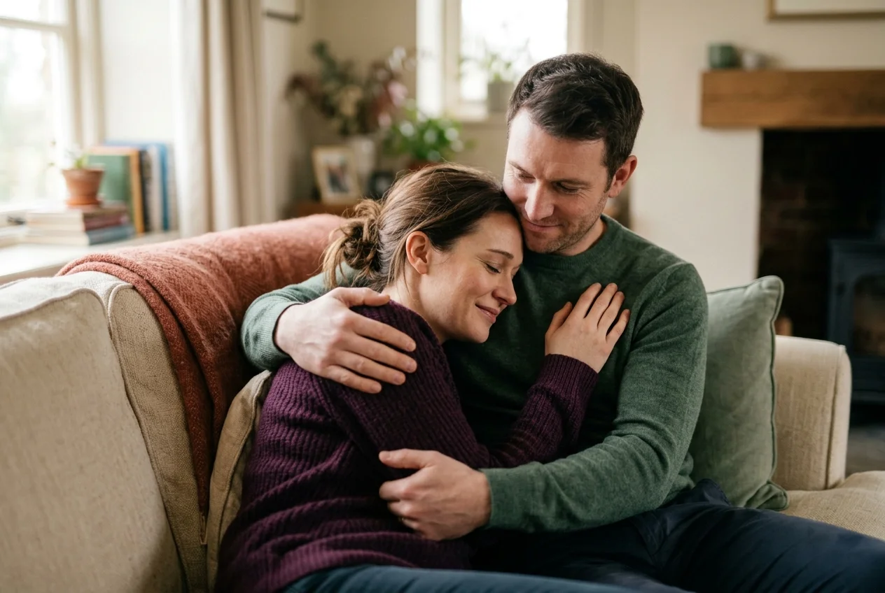 Couple apaisé et souriant sur un canapé, exemple d'une communication réussie dans le couple quand on est hypersensible