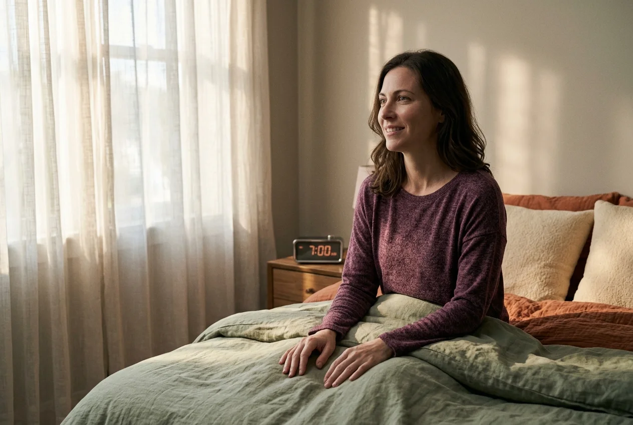 Femme apaisée le matin, après avoir appris à gérer le manque et la rumination
