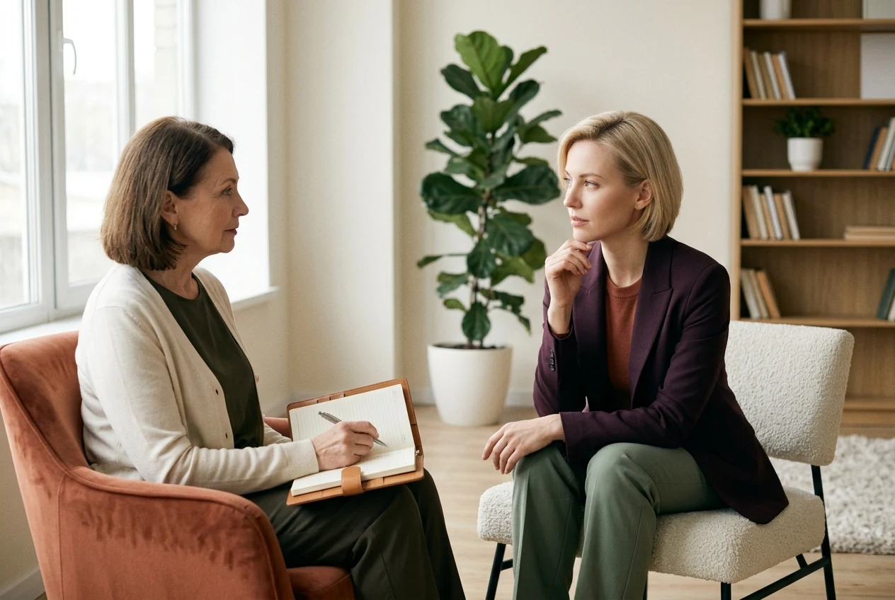 Femme qui hésite entre voir un psychologue ou un coach en relation amoureuse, en séance avec une psychologue