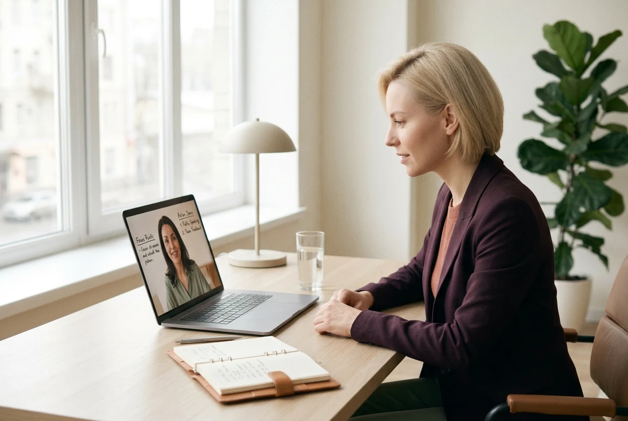 Femme en séance de coaching en relation amoureuse par visio, avec un plan d'action concret