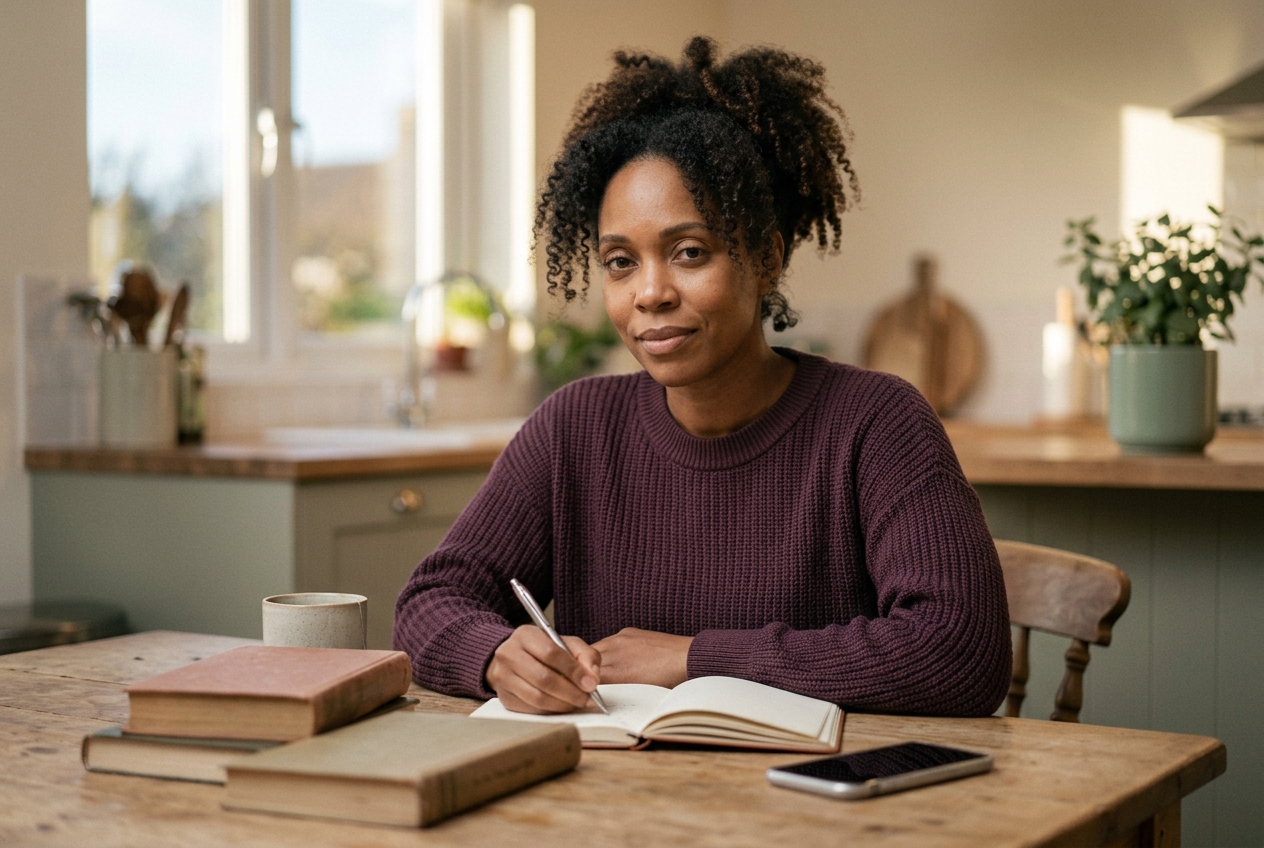 Femme calme et déterminée qui écrit dans son carnet près d'une fenêtre le matin, elle passe à l'action pour changer de posture