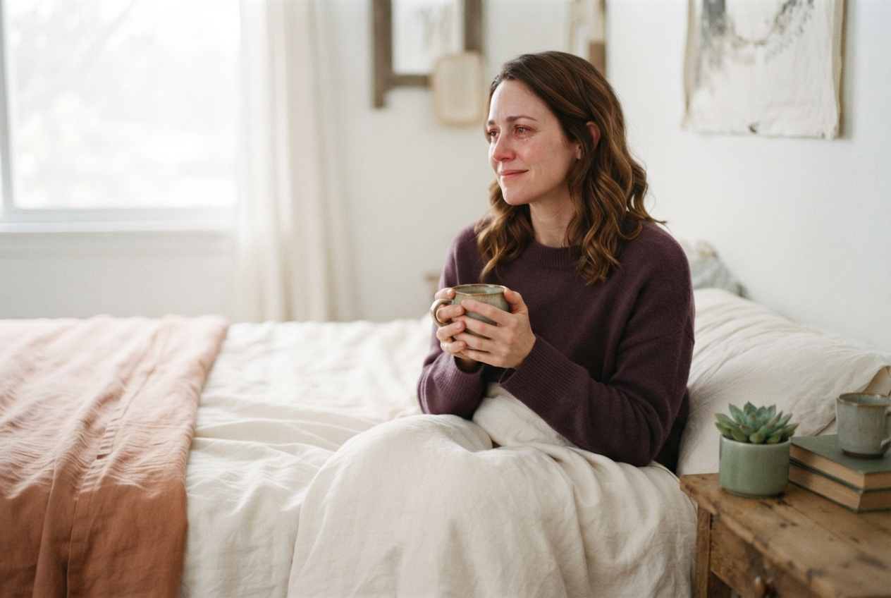 La même femme assise sur son lit avec une tasse de thé, le regard doux et apaisé après la trahison de son partenaire