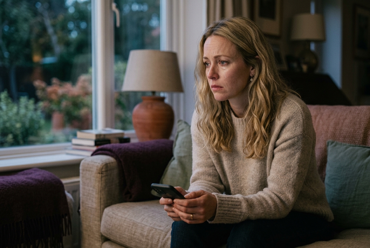 Femme blonde assise sur son canapé, tendue, son téléphone dans les mains, dans l'attente d'un message, signe de la dépendance affective