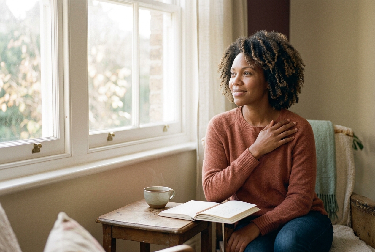 La même femme apaisée près d'une fenêtre, la main sur le cœur, un carnet ouvert et une tasse de thé, en paix avec son fonctionnement