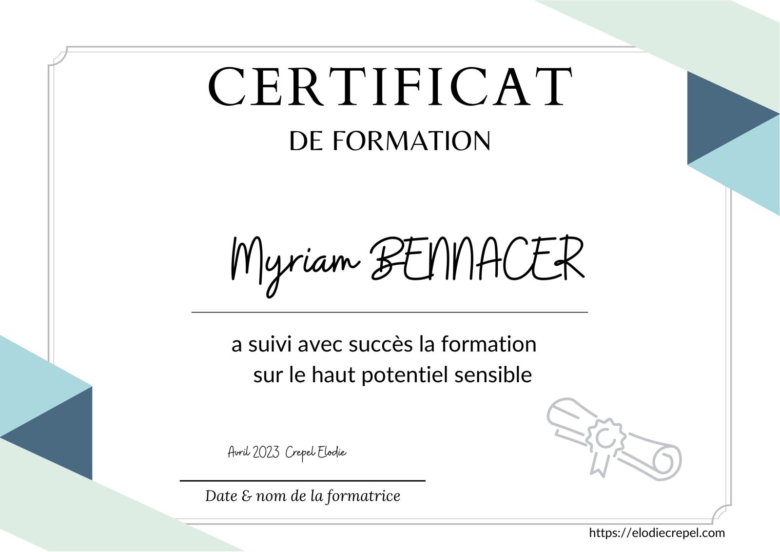 Certificat de formation de Myriam Bennacer sur le haut potentiel sensible, délivré par Élodie Crepel en avril 2023